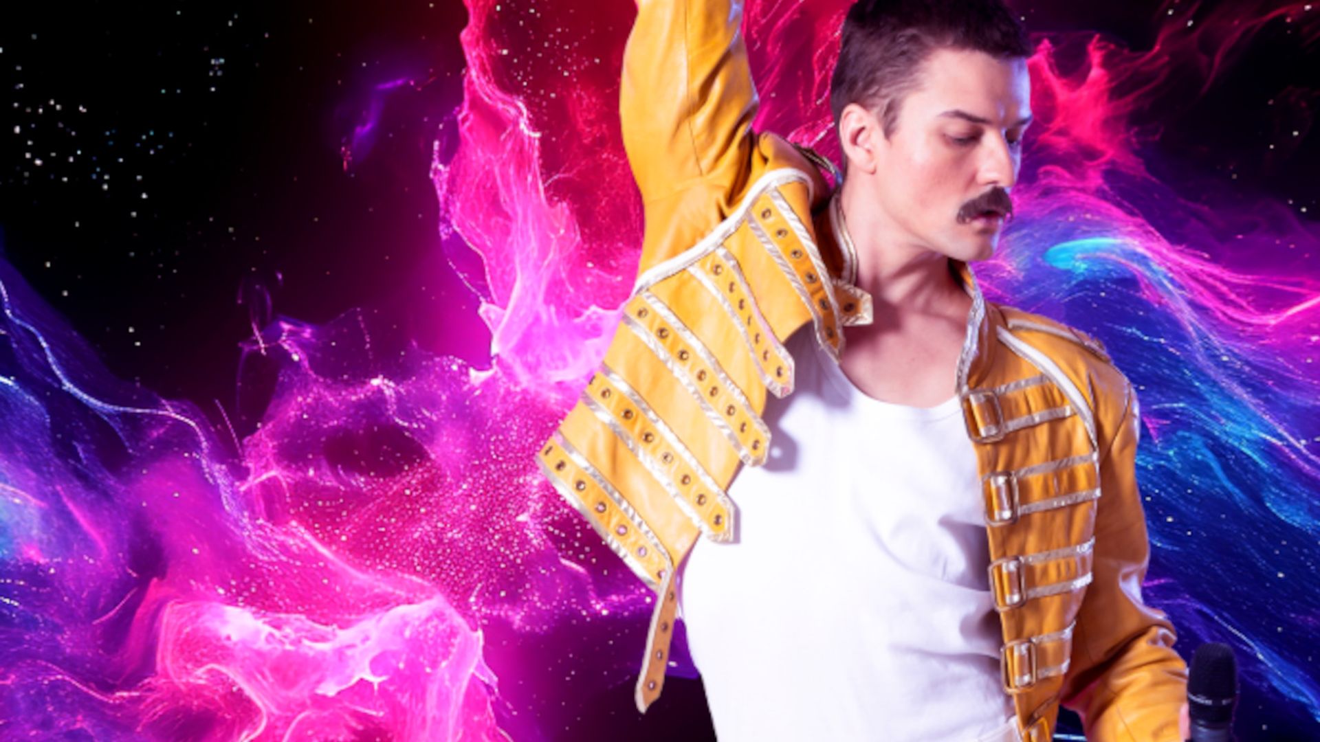 a man with mustache wearing a yellow leather jacket