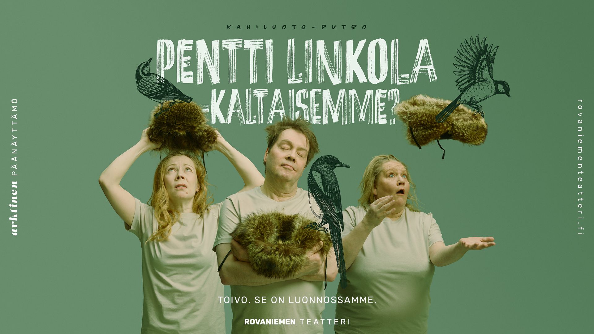 Kolme ihmistä, jotka kaikki eri mielentiloissa. yksi rauhallinen, toinen pelokas ja kolmas hämmästynyt. kaikkien sylissä karvalakki linnunpesänä. Myös kolme lintua eri tavoin lakin kanssa.