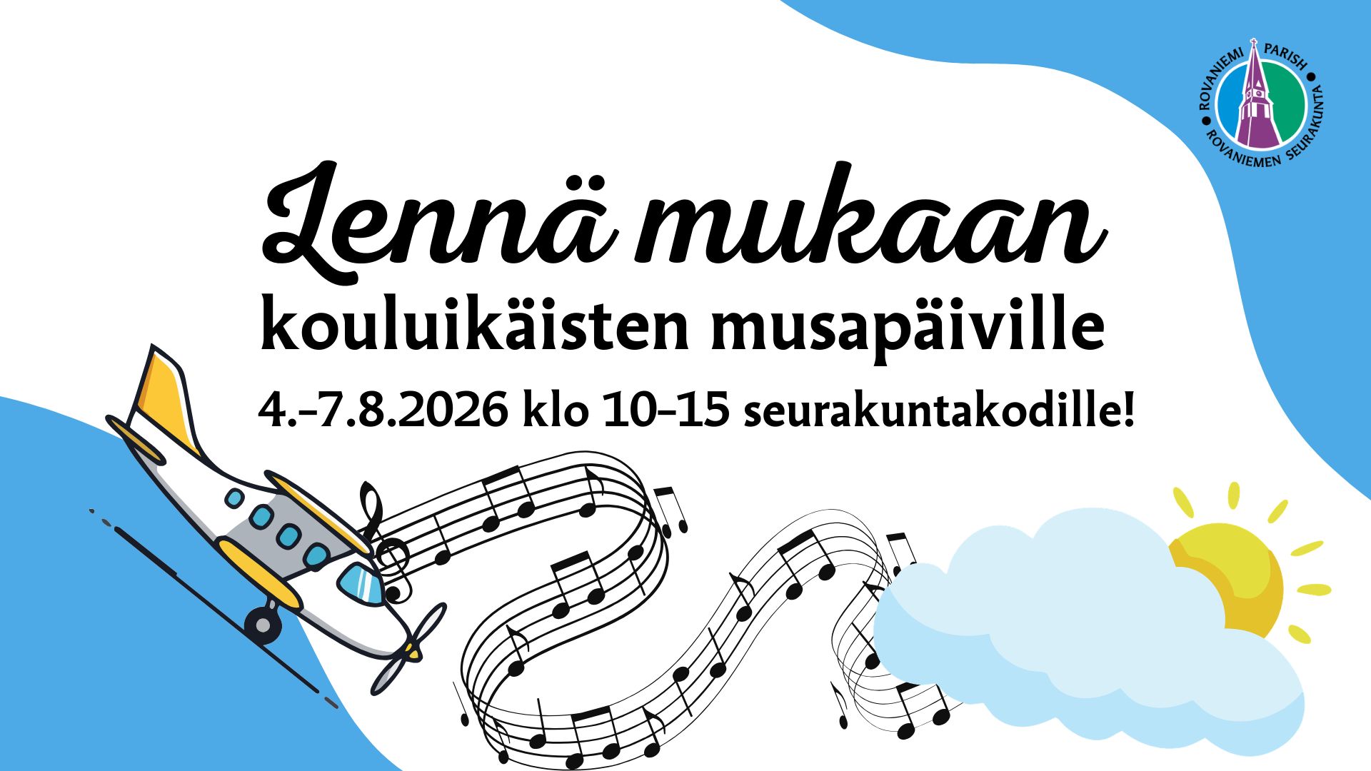 Värikäs kuva jossa lennokki, aurinko pilkistää pilven takaa, nuottiviivasto