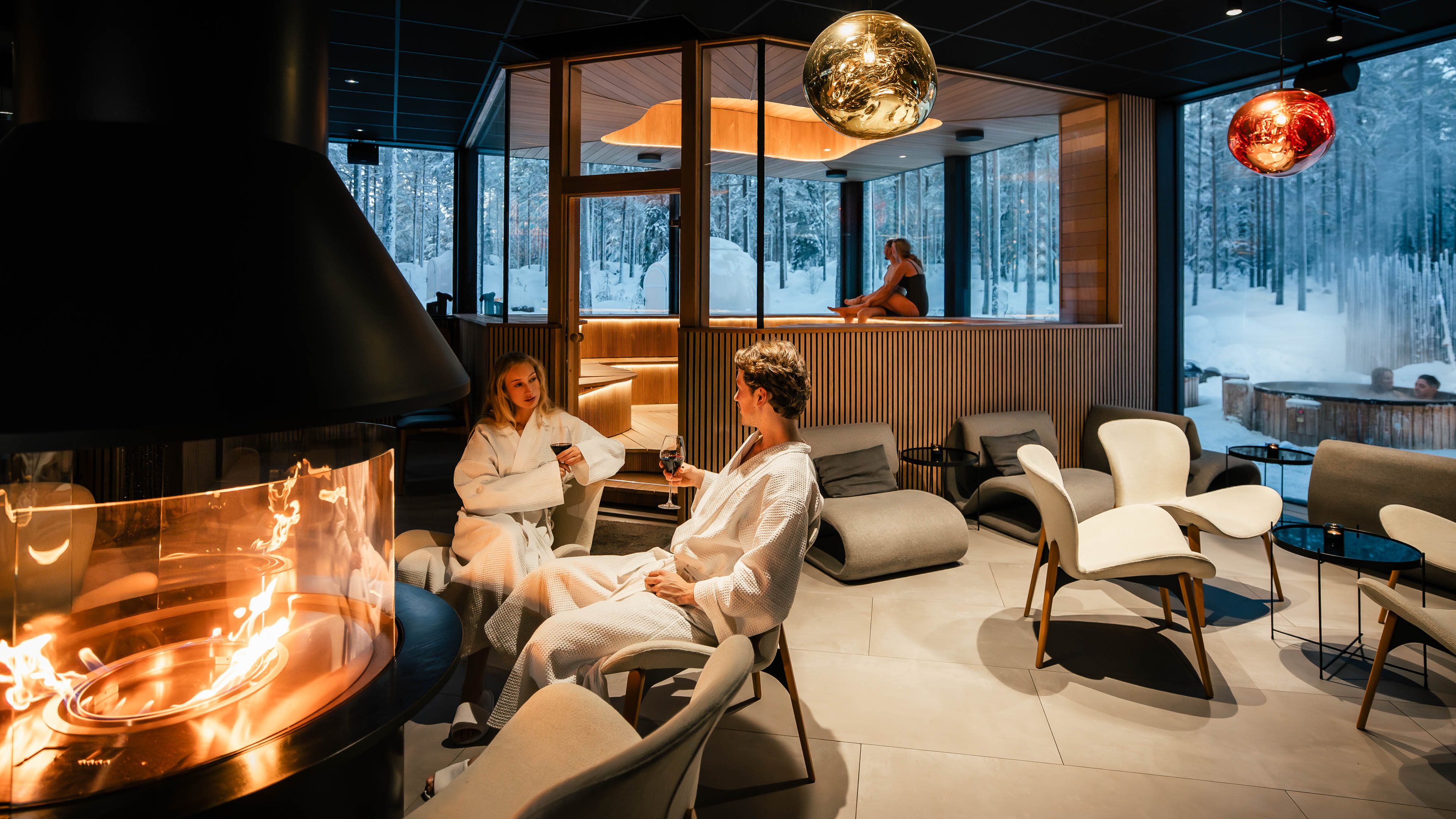 Relaxing spa atmosphere in winter setting at Arctic Forest Spa in Rovaniemi, Lapland, Finland