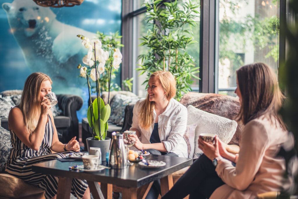 Coffee moment at Arctic Light Hotel Glass Terrace in Rovaniemi Lapland Finland
