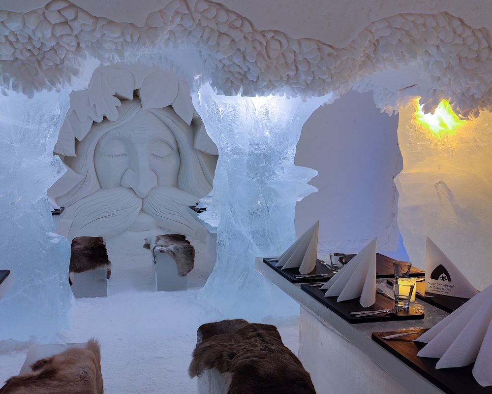 Ice Restaurant in Arctic Snow Hotel & Glass Igloos in Rovaniemi, Lapland, Finland.
