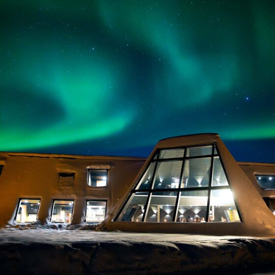 Glass Restaurant and Northern Lights at Santa Claus Village, Arctic Circle, Rovaniemi, Lapland, Finland