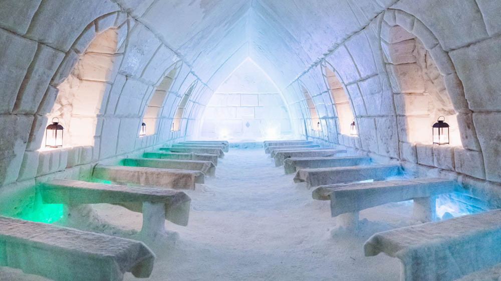 Ice chapel in Arctic SnowHotel and Glass Igloos, Rovaniemi, Lapland, Finland