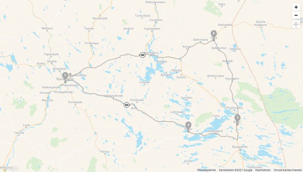 Itä-Lapin kierros autoillen road trip Rovaniemi Kuusamo Salla