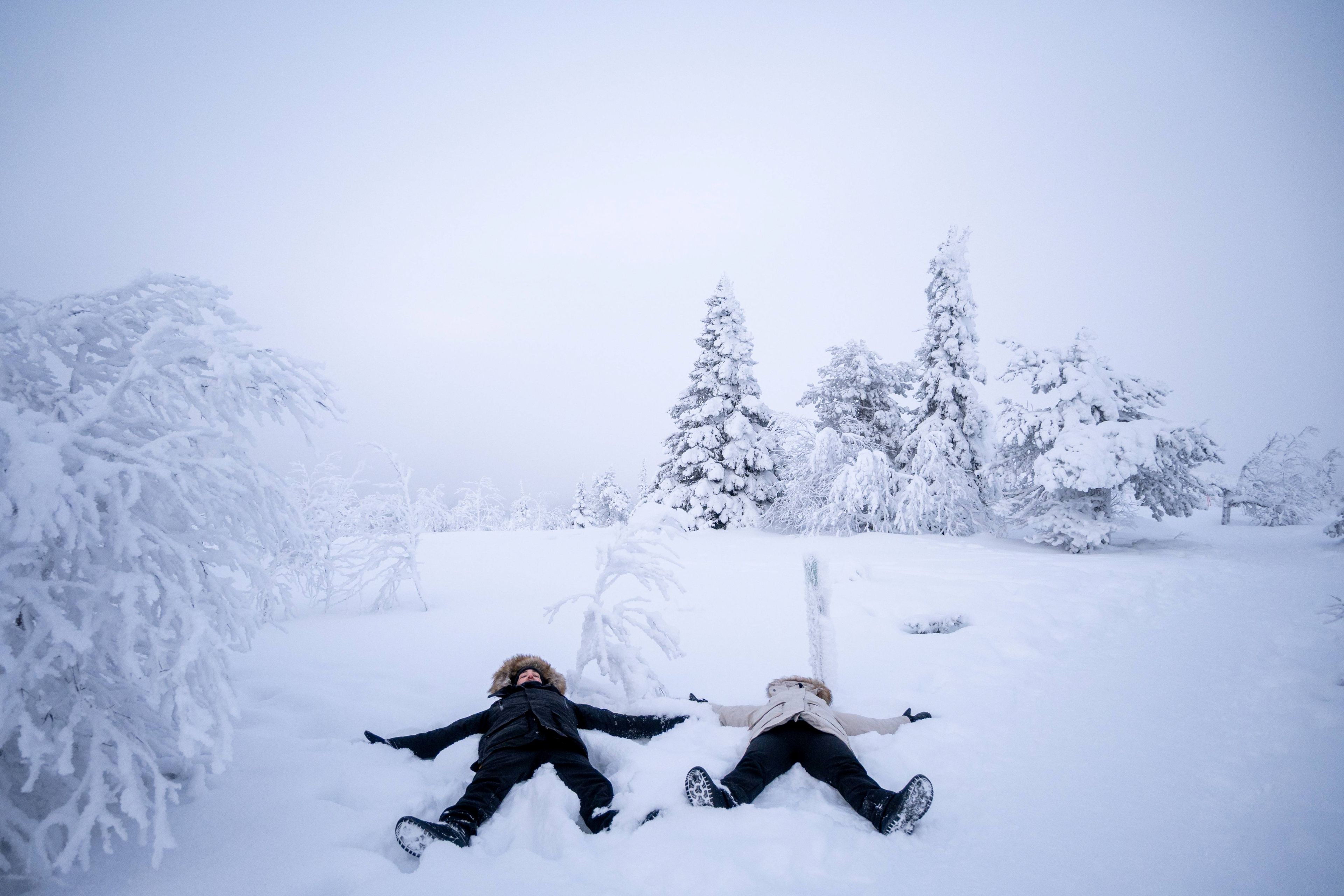 Two people making snow angels in snowy forest.