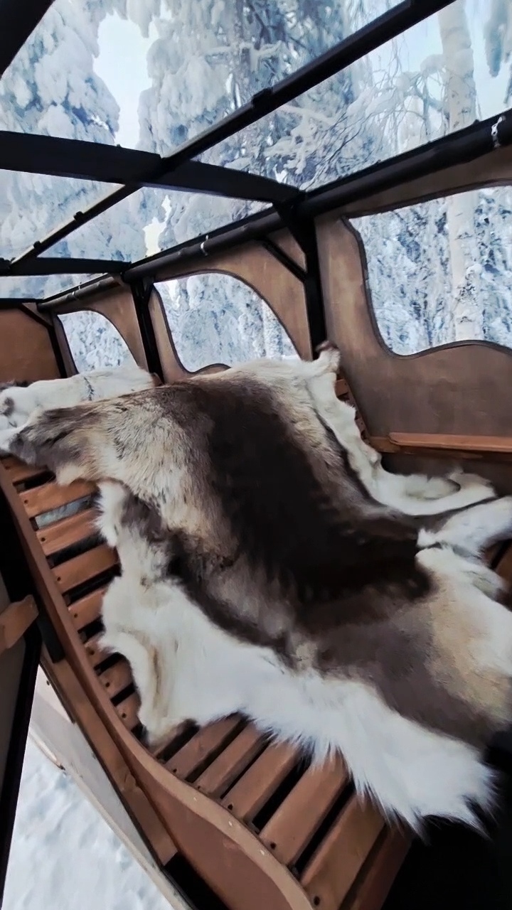 Cozy sled interior with reindeer hides.