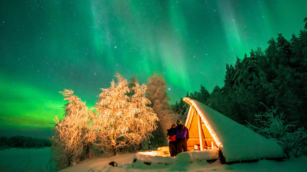 Northern Lights dancing in the sky in Rovaniemi, Lapland, Finland.