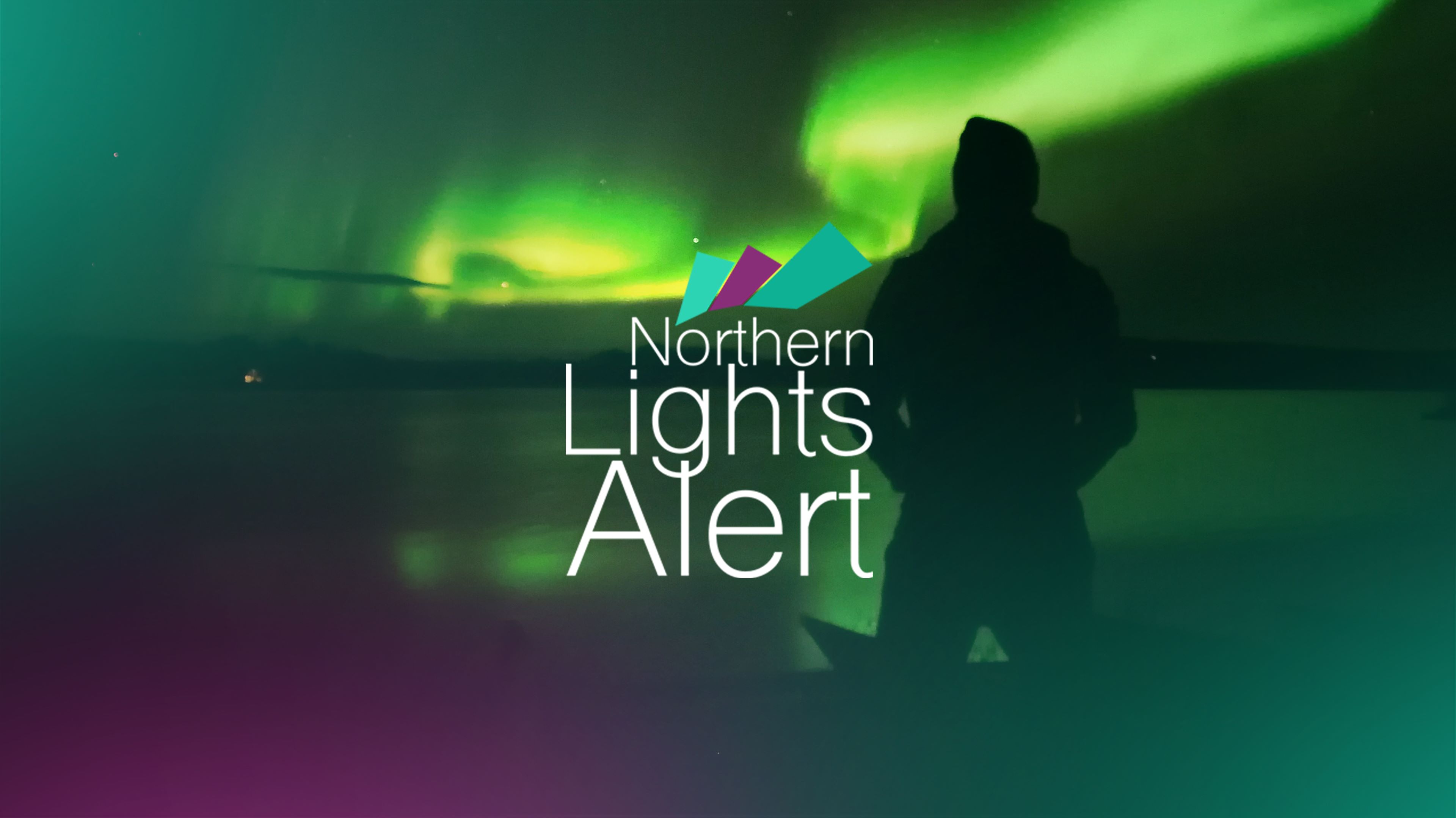 ad for Northern Lights Alert with Northern Lights in the background