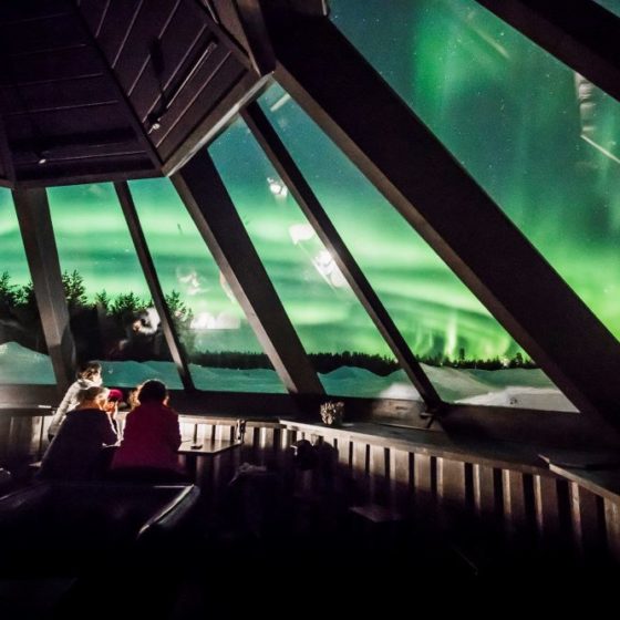 Northern Lights from sky bar upstairs Arctic SnowHotel & Glass Igloo Rovaniemi Lapland Finland