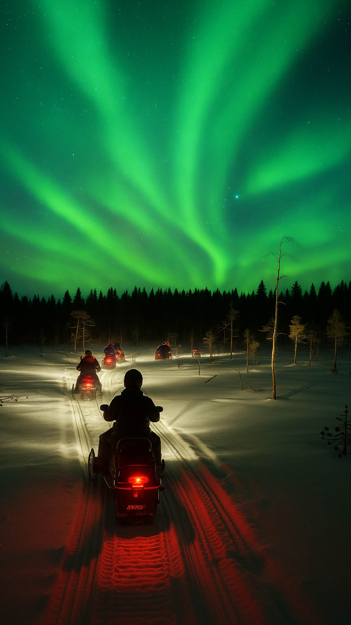 Snowmobiles under northern lights in winter in Jauri Resort, Kemijarvi, Lapland, Finland