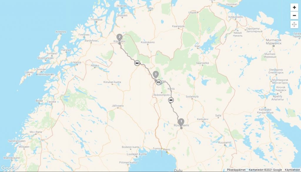 Käsivarren kierros autoillen reittikartta Rovaniemi Kilpisjärvi