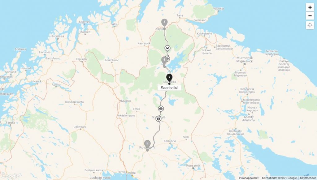 Road trip Suomen pohjoisimpiin osiin Rovaniemi Saariselkä Utsjoki Inari automatka