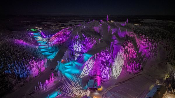 Ruka Ski Resort in wintery scenery with colourful lights