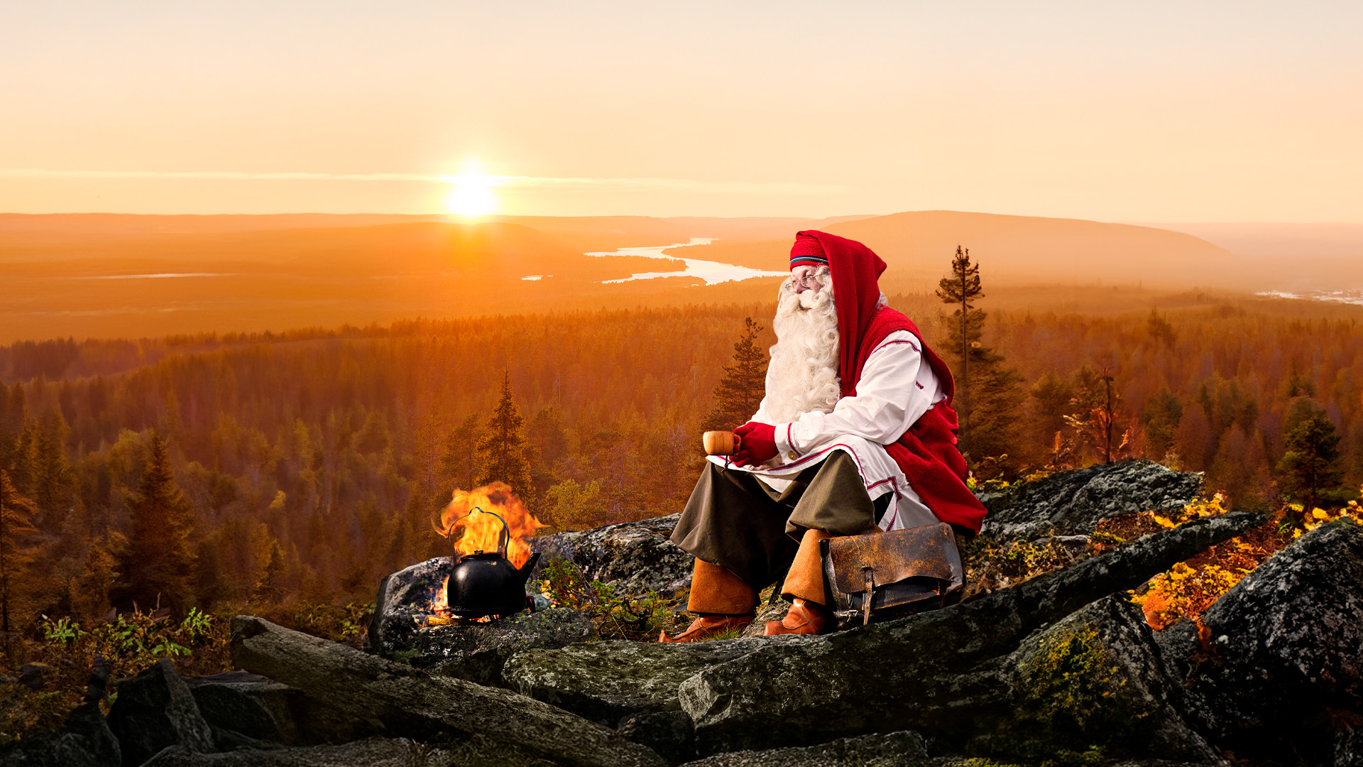 Santa Claus sitting on a rock with a kettle and a midnight sun in the background