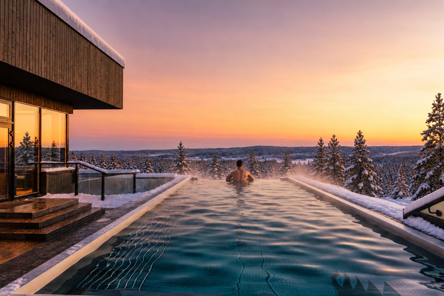 Man in infinity pool at sunset at Arctic Spa Culta at SkyView Igloo Resort and Spa