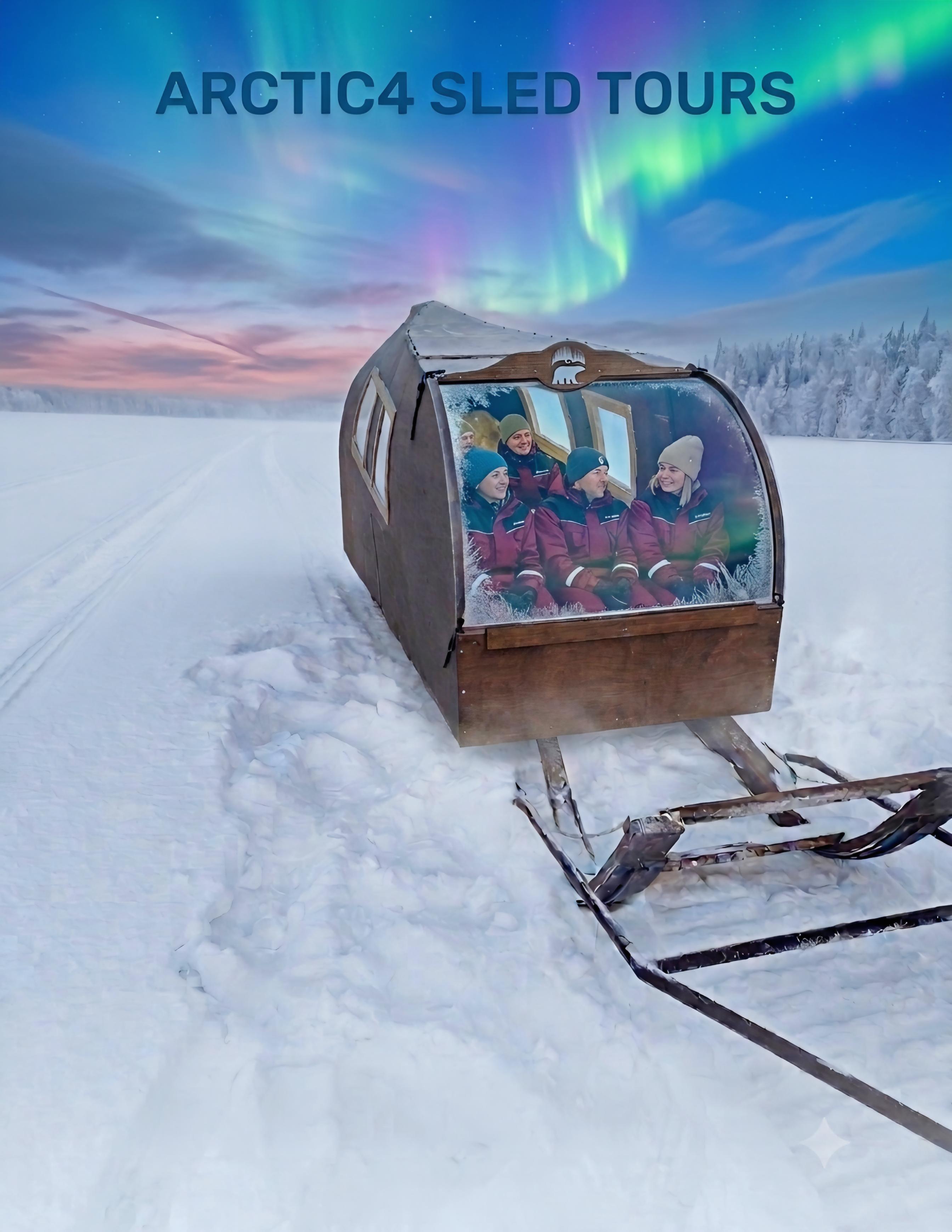 Group enjoying sled tour under the northern lights, Rovaniemi, Lapland, Finland