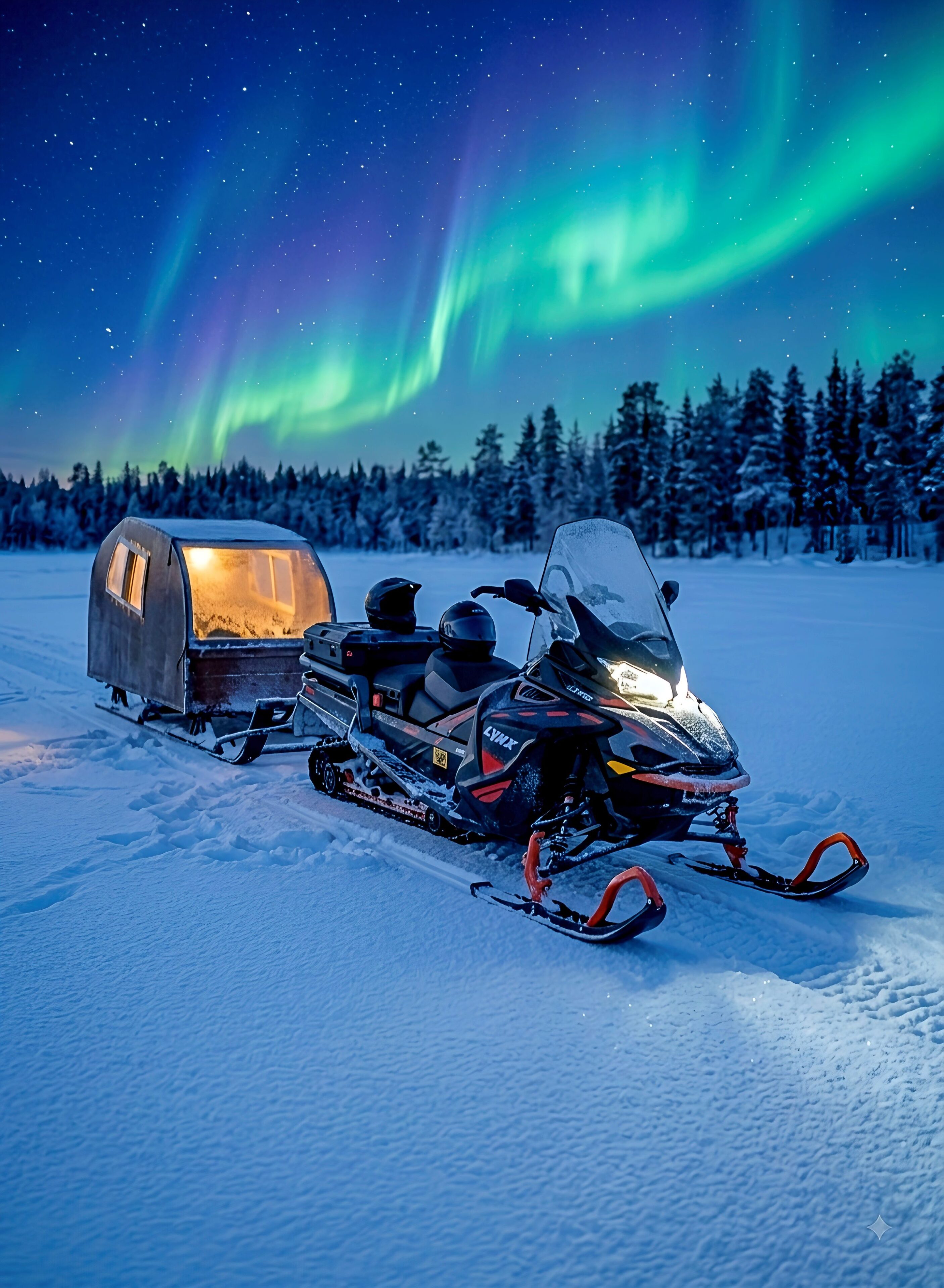 Snowmobile under northern lights in winter with Arctic4 in Rovaniemi, Lapland, Finland