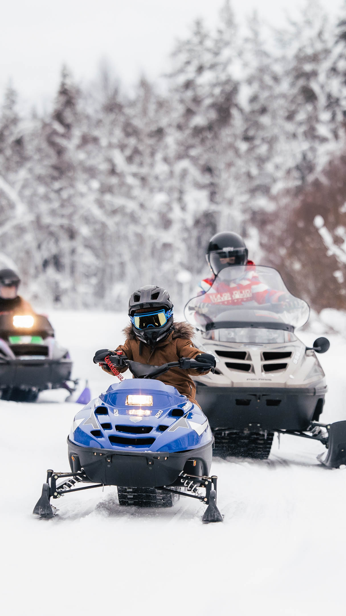 Family snowmobiling in snowy landscape in Arctic Park, Rovaniemi, Lapland, Finland