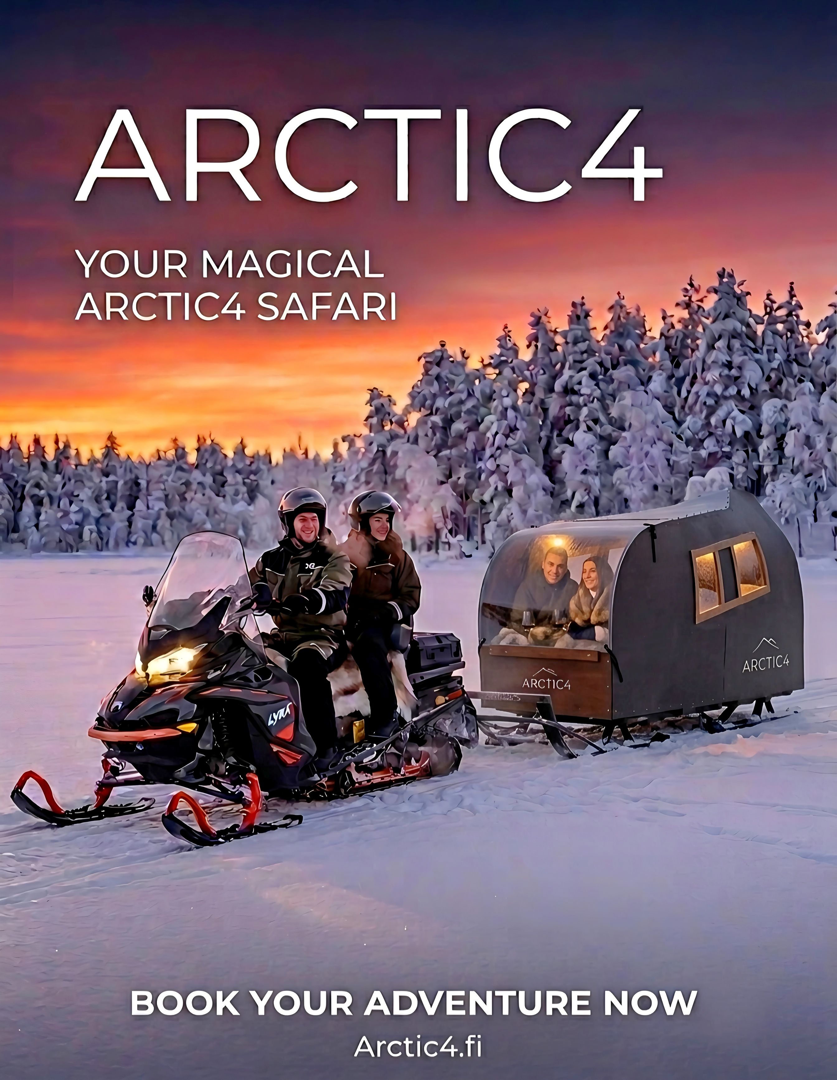Snowmobiling adventure with Arctic4 in snowy landscape in Rovaniemi, Lapland, Finland