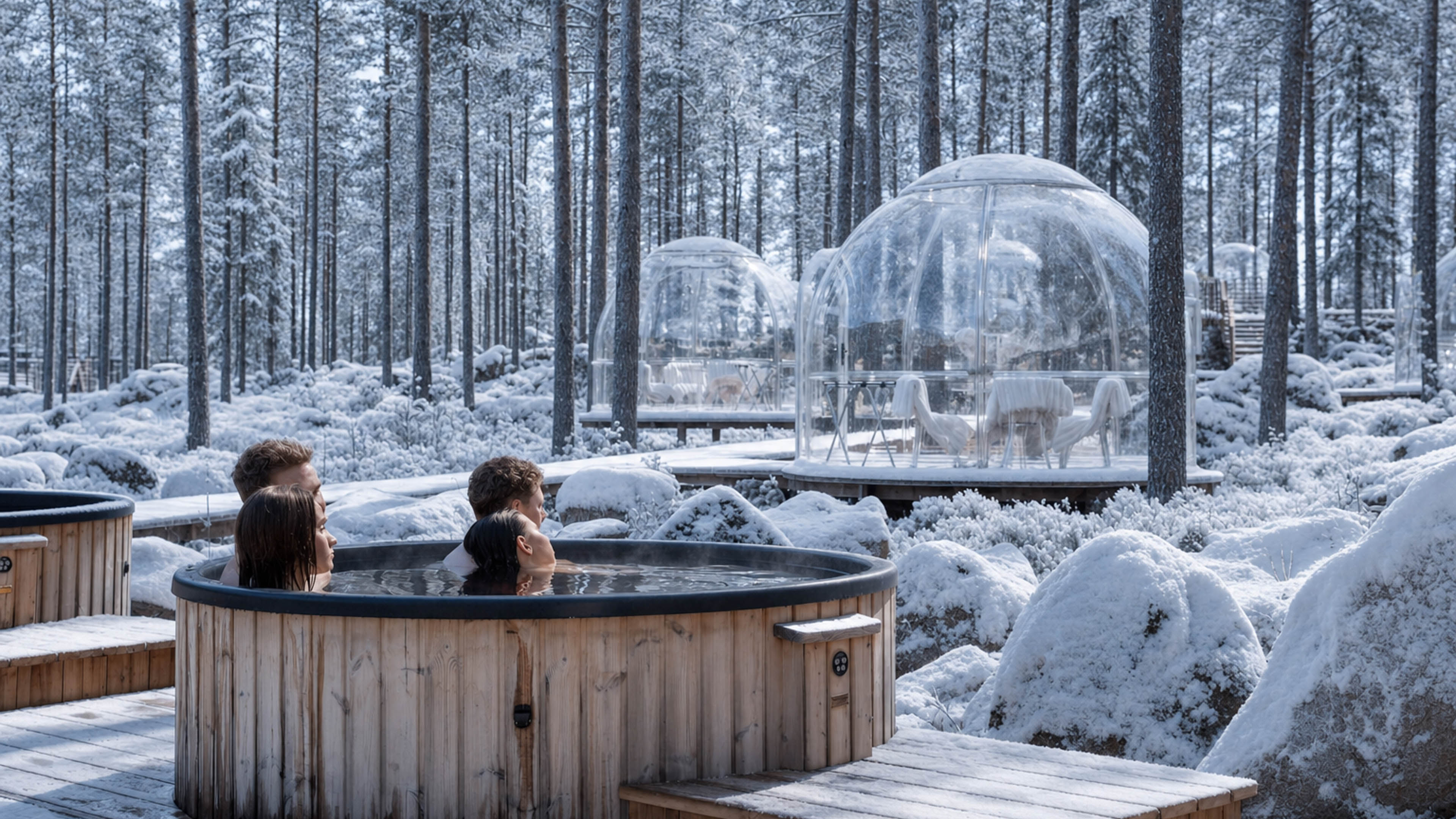 People relaxing in hot tubs outdoors. In background there are transparent aurora igloos.