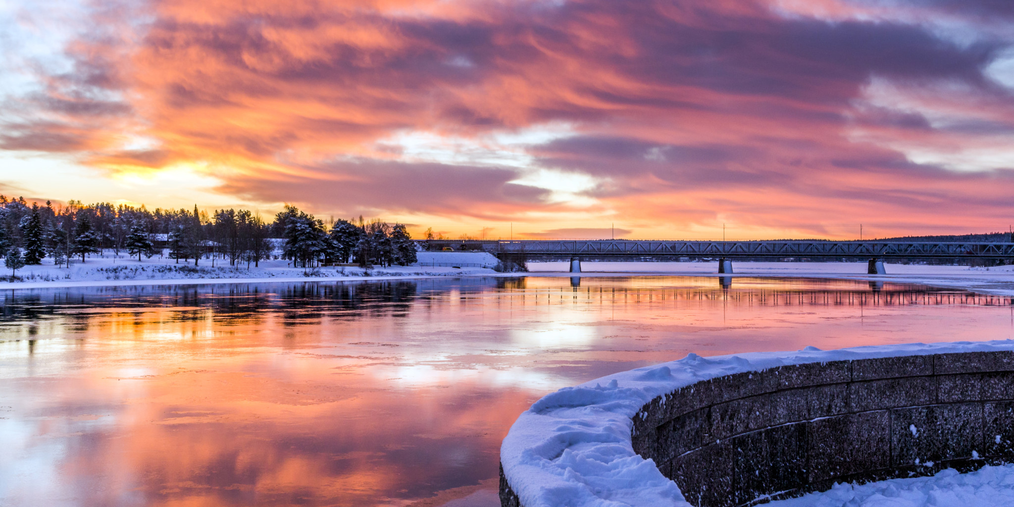 River landscape in early winter in Rovaniemi, Lapland, Finland