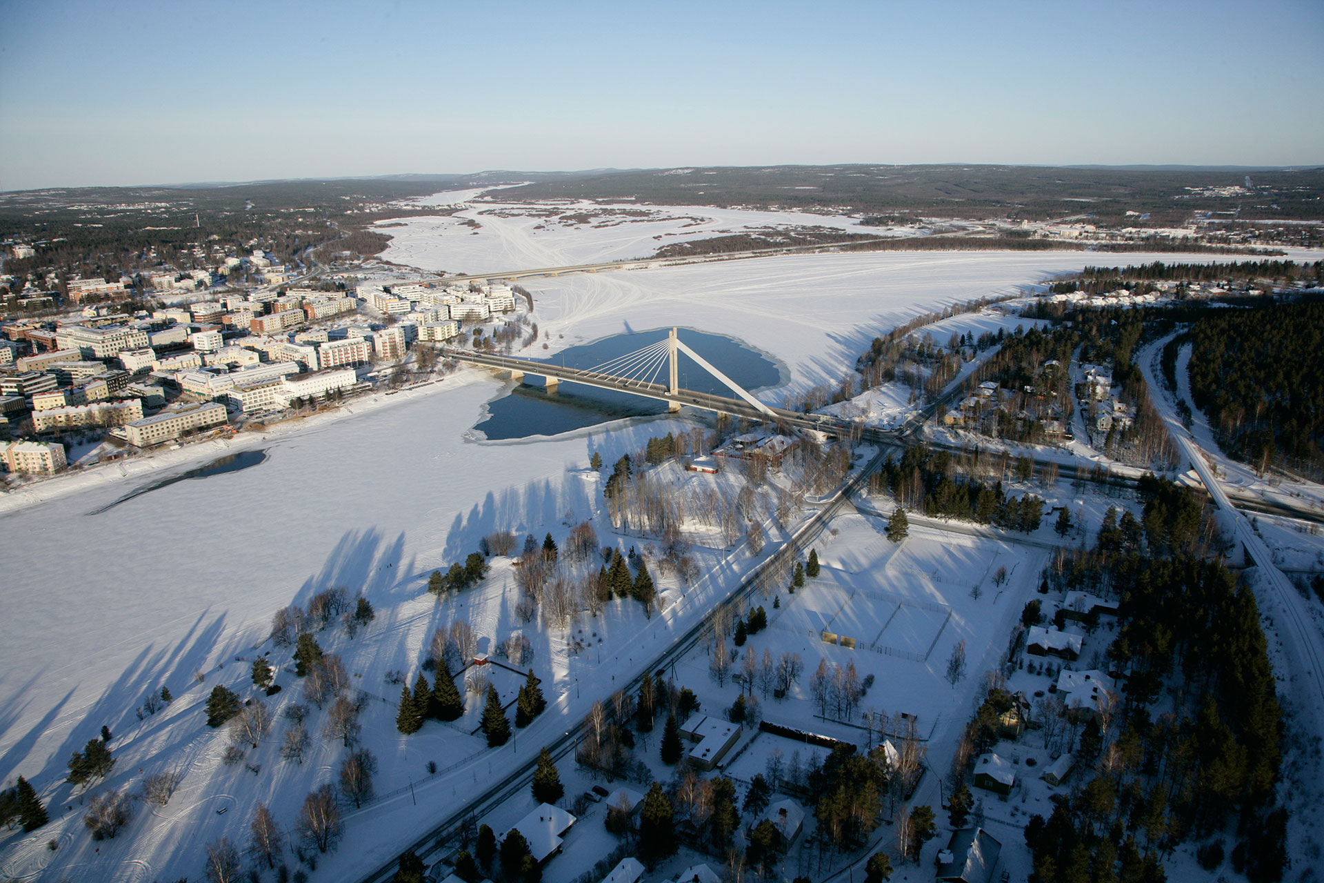 A wintry aerial of Rovaniemi, the Official Hometown of Santa Claus in Lapland, Finland