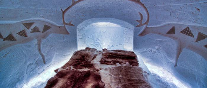 A bed in Arctic SnowHotel in Rovaniemi, Lapland, Finland